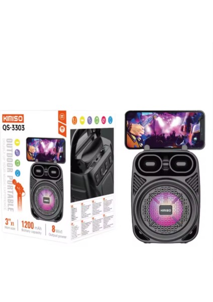 Kimiso QS-3303 Taşınabilir Bluetooth Hoparlör – 8W Güç, 1200 Mah Batarya, Rgb Işıklı