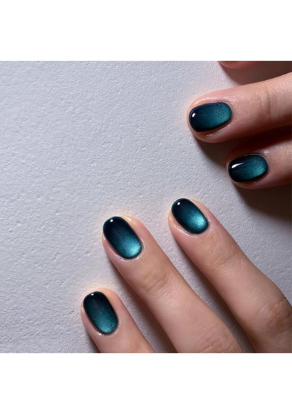 Petrol Mavisi Kedi Gözü Oval Kısa Takma Tırnak Seti (24 Adet)
