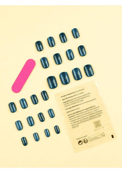 Petrol Mavisi Kedi Gözü Oval Kısa Takma Tırnak Seti (24 Adet) modelleri