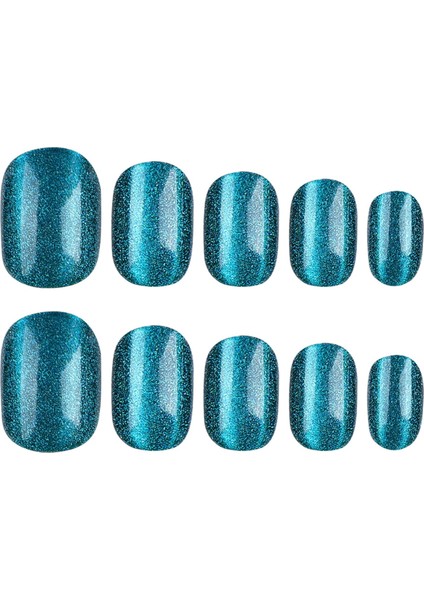 Petrol Mavisi Kedi Gözü Oval Kısa Takma Tırnak Seti (24 Adet)