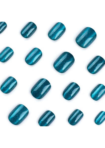 Petrol Mavisi Kedi Gözü Oval Kısa Takma Tırnak Seti (24 Adet)