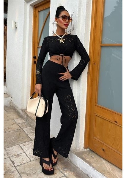 Göğüs Bağcık Detaylı Ajurlu Bluz Pantolon Takım 10098