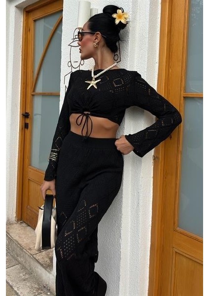 Göğüs Bağcık Detaylı Ajurlu Bluz Pantolon Takım 10098 modelleri