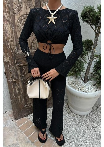 Göğüs Bağcık Detaylı Ajurlu Bluz Pantolon Takım 10098 fırsatları