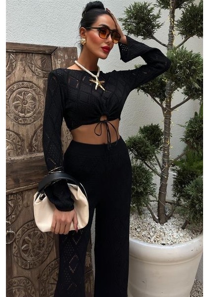 Göğüs Bağcık Detaylı Ajurlu Bluz Pantolon Takım 10098