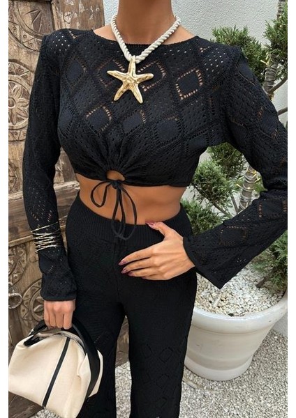 Göğüs Bağcık Detaylı Ajurlu Bluz Pantolon Takım 10098