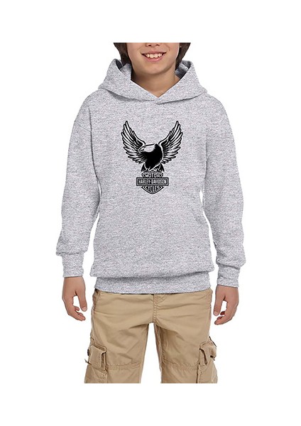 Harley Chopper Eagle Gri Çocuk Kapşonlu Sweatshirt