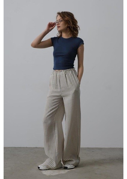 Çizgili Pamuklu Lastikli Pantolon - Bej-Lacivert