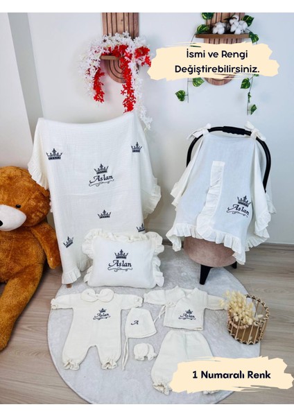 Isme Özel Nakış Işlemeli %100 Pamuk Müslin Hastane Çıkış Seti Takı Yastığı ve Puset Örtüsü
