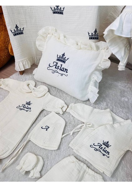 Isme Özel Nakış Işlemeli %100 Pamuk Müslin Hastane Çıkış Seti Takı Yastığı ve Puset Örtüsü modelleri