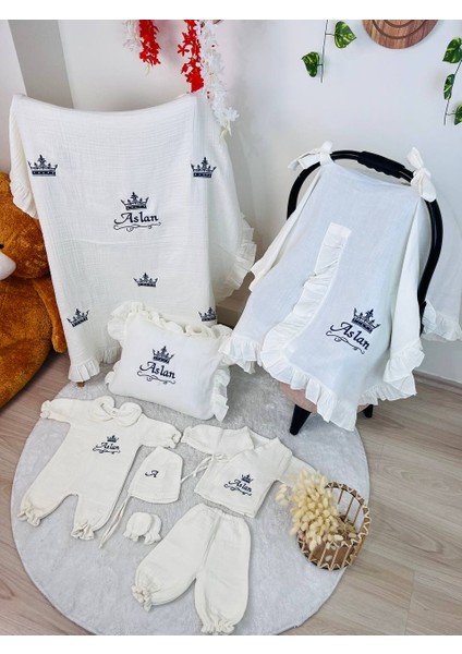 Isme Özel Nakış Işlemeli %100 Pamuk Müslin Hastane Çıkış Seti Takı Yastığı ve Puset Örtüsü indirimleri