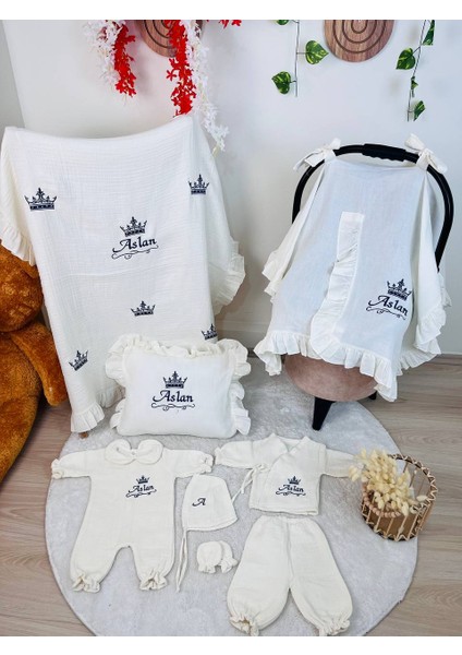 Isme Özel Nakış Işlemeli %100 Pamuk Müslin Hastane Çıkış Seti Takı Yastığı ve Puset Örtüsü