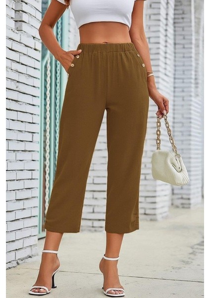 Kadın Beli Lastikli Düğme ve Cep Detaylı Kapri Ithal Keten Pantolon fırsatları