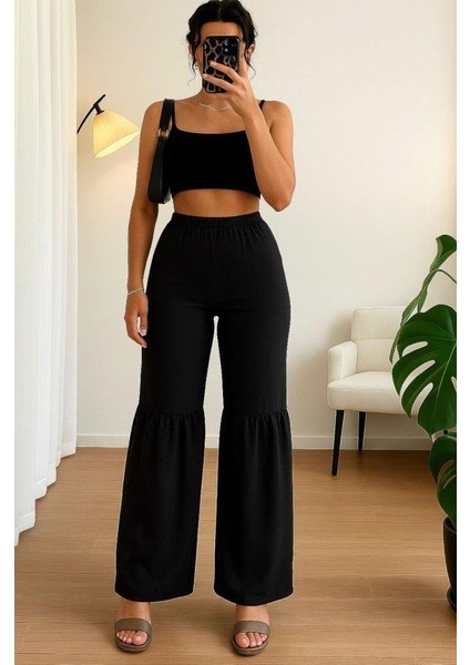 Kadın Yüksek Bel Parça Detay Bol Paça Pantolon