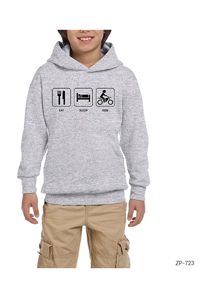 Eat Sleep Ride Gri Çocuk Kapşonlu Sweatshirt