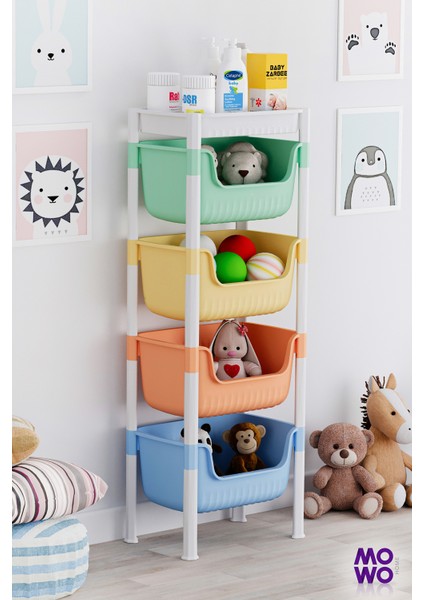 4 Katlı Oyuncak Dolabı, Oyuncak Organizeri, Sepetli Çocuk ve Bebek Odası Düzenleyici Raf, Bebek odası dolabı, Oyuncak Rafı,