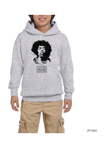 Jimi Hendrix Tape Gri Çocuk Kapşonlu Sweatshirt