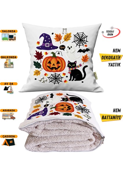 Cadılar Bayramı Temalı Nakışlı Efekt Baskılı Tv Battaniyesi Olabilen Dekoratif Yastık Battaniye