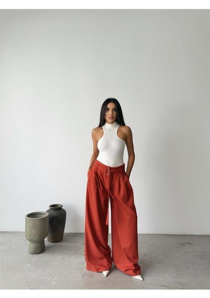 Palazzo Pantolon Kumaş Kemer Detaylı - Kiremit