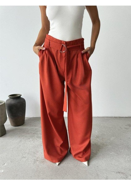Palazzo Pantolon Kumaş Kemer Detaylı - Kiremit modelleri