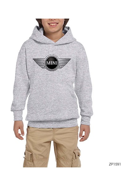 Mini Cooper Logo Gri Çocuk Kapşonlu Sweatshirt