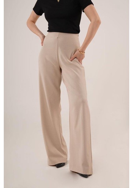 Bol Paça Yandan Fermuarlı Krem Kumaş Pantolon