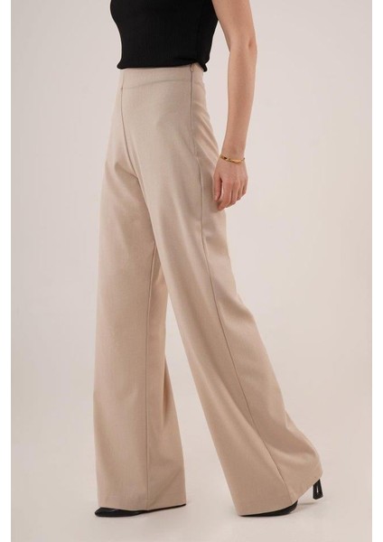 Bol Paça Yandan Fermuarlı Krem Kumaş Pantolon modelleri