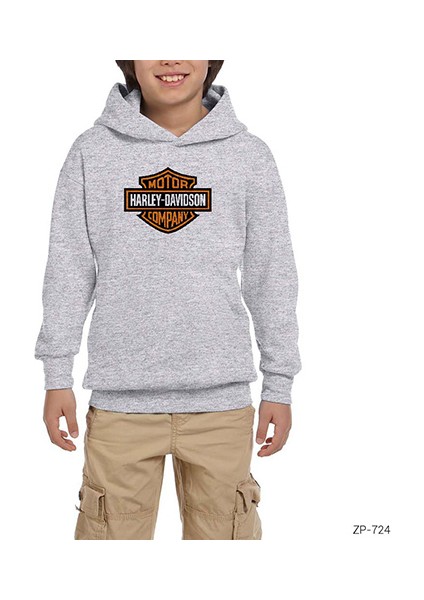 Harley Logo Gri Çocuk Kapşonlu Sweatshirt