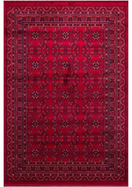 Herat Her 04 Kırmızı - Nostaljik Afgan Desenli İnce Viskon Makine Halısı Kaymaz Tabanlı Sık Dokuma