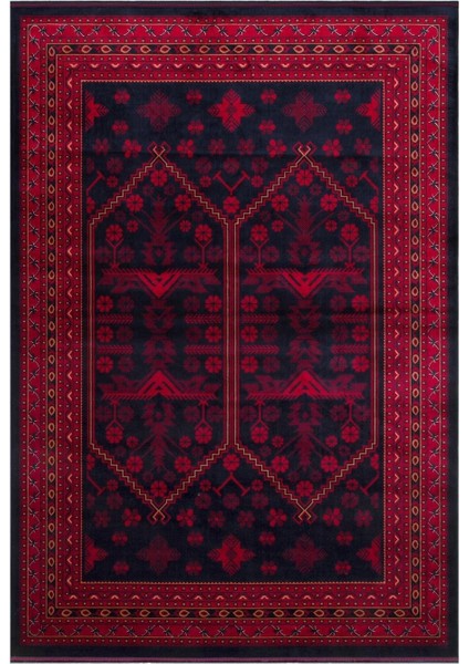 Herat Her 01 Navy - Nostaljik Afgan Desenli İnce Viskon Makine Halısı Kaymaz Tabanlı Sık Dokuma