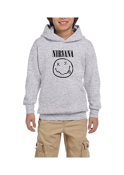 Nirvana Smiley Face Gri Çocuk Kapşonlu Sweatshirt