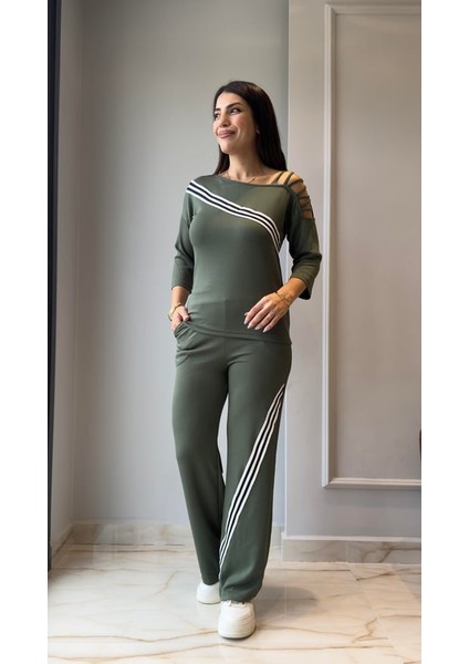 Kadın Uzun Kollu Truvakar Kol Tek Omuz Çapraz Şerit Detaylı Ribanalı Viskon Iki Iplik Bluz ve Pantolon Ikili Takım