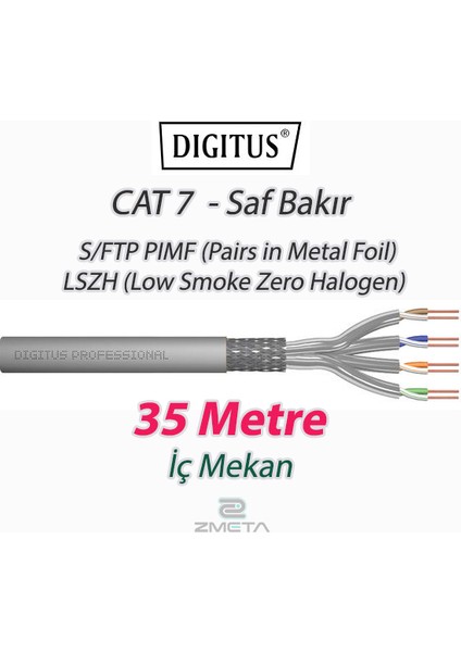 Cat7 - 35 Metre Saf Bakır S/ftp Pımf (Pairs In Metal Foil) Data İnternet Kablosu Gri