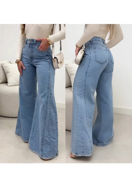 Kadın Yüksek Bel Paçaya Doğru Geniş Kesimli Kot Pantolon