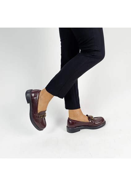 Bordo Rugan Tokalı Kadın Loafer Ayakkabı modelleri