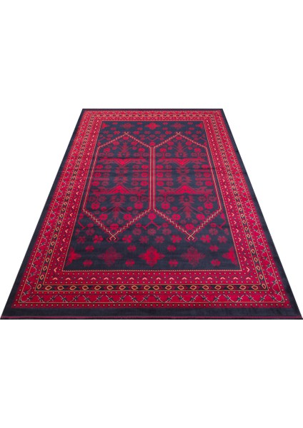Herat Her 01 Navy - Nostaljik Afgan Desenli İnce Viskon Makine Halısı Kaymaz Tabanlı Sık Dokuma