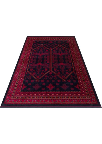 Herat Her 01 Navy - Nostaljik Afgan Desenli İnce Viskon Makine Halısı Kaymaz Tabanlı Sık Dokuma