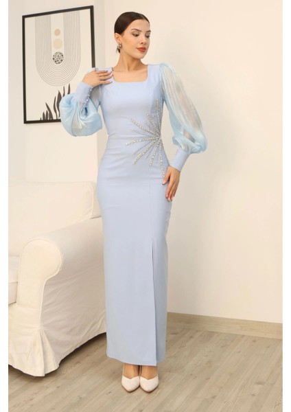 Taş Süslemeli Kare Yaka Balon Kol Yırtmaçlı Abiye Elbise 2345-BEBE Mavisi