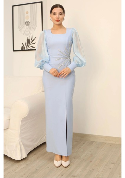 Taş Süslemeli Kare Yaka Balon Kol Yırtmaçlı Abiye Elbise 2345-BEBE Mavisi fiyatları