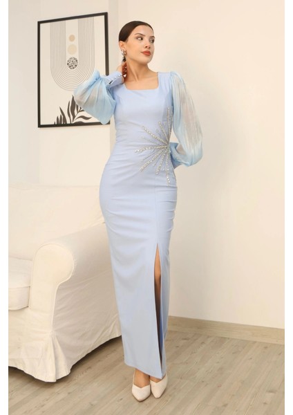 Taş Süslemeli Kare Yaka Balon Kol Yırtmaçlı Abiye Elbise 2345-BEBE Mavisi fırsatları