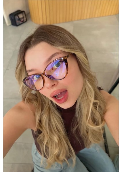 Mavi Işık Korumalı Cat Eye Gözlük Optik Uyumludur Blue Block Şeffaf Leopar