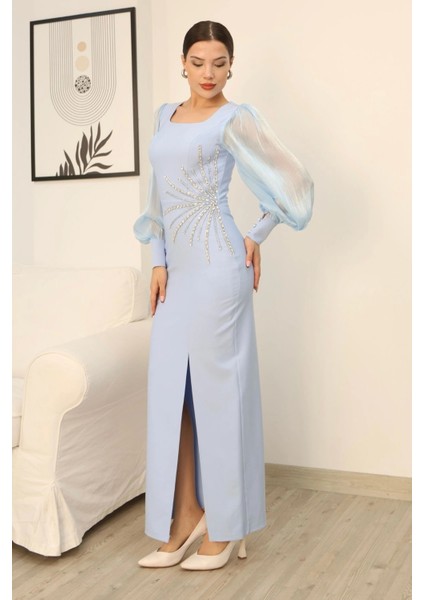 Taş Süslemeli Kare Yaka Balon Kol Yırtmaçlı Abiye Elbise 2345-BEBE Mavisi modelleri