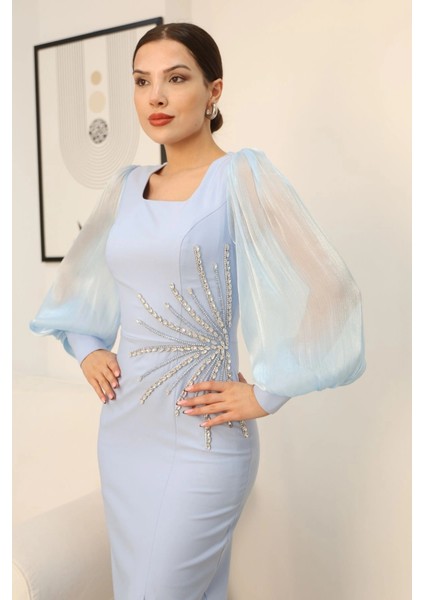 Taş Süslemeli Kare Yaka Balon Kol Yırtmaçlı Abiye Elbise 2345-BEBE Mavisi indirimleri