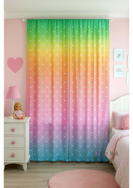 Gökkuşağı Puantiyeli Çift Kanatlı Çocuk Odası Perdesi