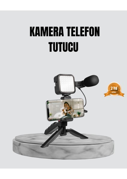 Telefon Video Çekim Kiti LED Aydınlatma Mikrofon Tripodlu Tam Set