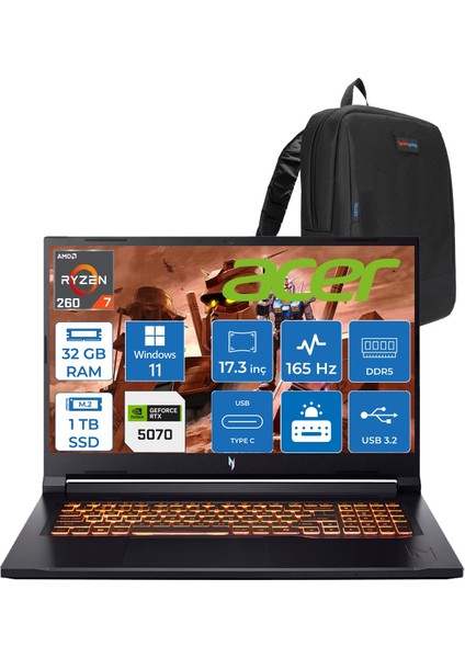 Nitro V17 ANV17 Aı Amd Ryzen™ 7 260 32GB Ddr5 1tb SSD 8GB/RTX5070 85W 17.3"wqxga 2560X1440 165Hz IPS WIN11PRO Gaming Bilgisayar. NHQZKEY001P08+ZETTAÇANTA