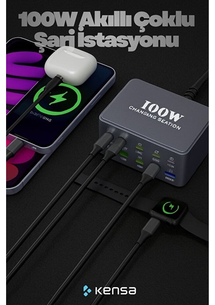 100W Süper Hızlı Akıllı Şarj Istasyonu | 10 Port USB + Type-C Güç Dağıtımlı Adaptör