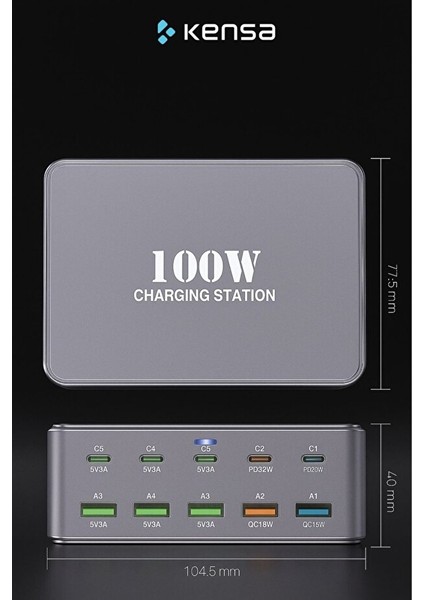100W Süper Hızlı Akıllı Şarj Istasyonu | 10 Port USB + Type-C Güç Dağıtımlı Adaptör modelleri