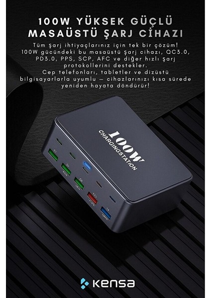 100W Süper Hızlı Akıllı Şarj Istasyonu | 10 Port USB + Type-C Güç Dağıtımlı Adaptör indirimleri