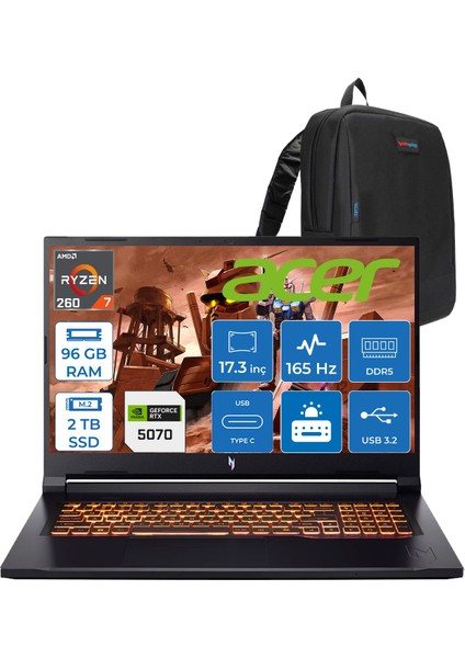 Nitro V17 ANV17 Aı Amd Ryzen™ 7 260 96GB Ddr5 2tb SSD 8GB/RTX5070 85W 17.3"wqxga 2560X1440 165Hz IPS Freedos Gaming Bilgisayar. NHQZKEY001F29+ZETTAÇANTA